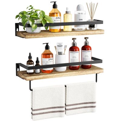 AMADA HOMEFURNISHING Bathroom Shelves with Towel Bar, Floating Shelves, Wall Shelves for Bathroom/Living Room/Kitchen/Bedroom, Light Brown, Set of 2 - AMFS01