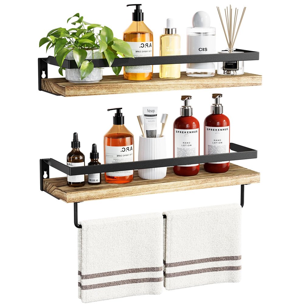 AMADA HOMEFURNISHING Bathroom Shelves with Towel Bar, Floating Shelves, Wall Shelves for Bathroom/Living Room/Kitchen/Bedroom, Light Brown, Set of 2 - AMFS01