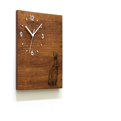 Solid Wood Wall Clock - Hare - Wood Laser Engraved - Massive Wood Iroko - African Teak - Contemporary Wall Mounted Clock