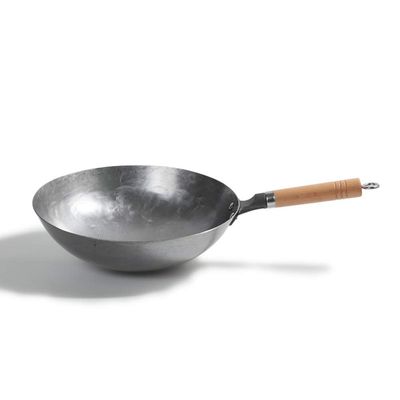 AIZYR Hand Hammered Wok, Carbon Steel Pow Wok - with Wooden and Steel Helper Handle, Traditional Round Bottom Wok, Non-Stick Pan,Earless,36cm