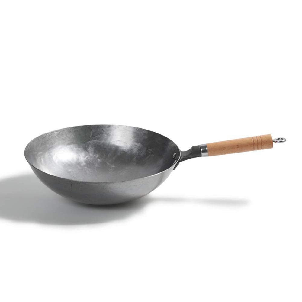 AIZYR Hand Hammered Wok, Carbon Steel Pow Wok - with Wooden and Steel Helper Handle, Traditional Round Bottom Wok, Non-Stick Pan,Earless,36cm