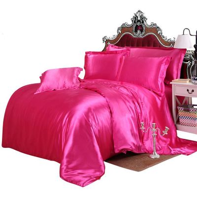 Comfort Bed Store Luxurious Soft Satin 5 Piece (1 Flat Sheet + 1 Fitted Sheet + 1 Duvet Cover + 2 Pillow Cases) Comfortable Bed Sheet Set with 18 inches Deep Pocket, Hot Pink, Queen
