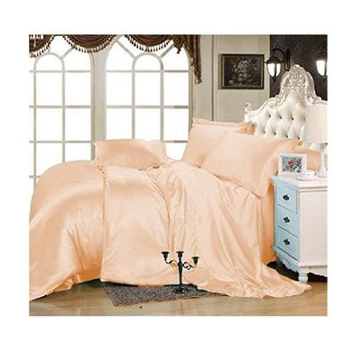 Comfort Bed Store Luxurious Soft Satin 5 Piece (1 Flat Sheet + 1 Fitted Sheet + 1 Duvet Cover + 2 Pillow Cases) Comfortable Bed Sheet Set with 18 inches Deep Pocket, Peach, Queen