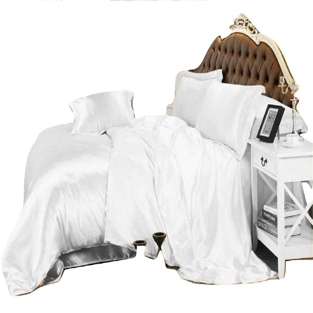 Comfort Bed Store Luxurious Soft Satin 5 Piece (1 Flat Sheet + 1 Fitted Sheet + 1 Duvet Cover + 2 Pillow Cases) Comfortable Bed Sheet Set with 18 inches Deep Pocket, White, Queen