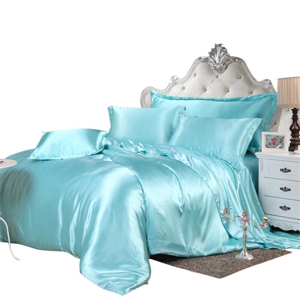 Comfort Bed Store Luxurious Soft Satin 5 Piece (1 Flat Sheet + 1 Fitted Sheet + 1 Duvet Cover + 2 Pillow Cases) Comfortable Bed Sheet Set with 18 inches Deep Pocket, Sky Blue, Queen