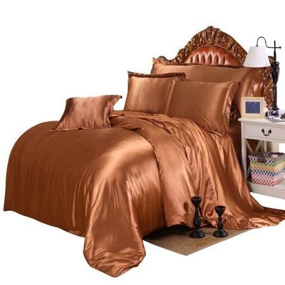 Comfort Bed Store Luxurious Soft Satin 5 Piece (1 Flat Sheet + 1 Fitted Sheet + 1 Duvet Cover + 2 Pillow Cases) Comfortable Bed Sheet Set with 18 inches Deep Pocket, Brown, Queen