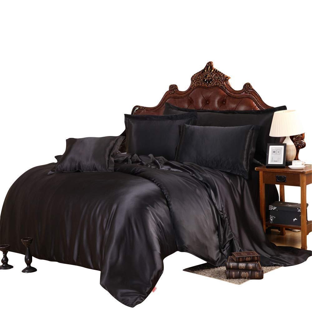 Comfort Bed Store Luxurious Soft Satin 5 Piece (1 Flat Sheet + 1 Fitted Sheet + 1 Duvet Cover + 2 Pillow Cases) Comfortable Bed Sheet Set with 18 inches Deep Pocket, Black, Queen