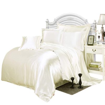 Comfort Bed Store Luxurious Soft Satin 5 Piece (1 Flat Sheet + 1 Fitted Sheet + 1 Duvet Cover + 2 Pillow Cases) Comfortable Bed Sheet Set with 18 inches Deep Pocket, Ivory, Queen