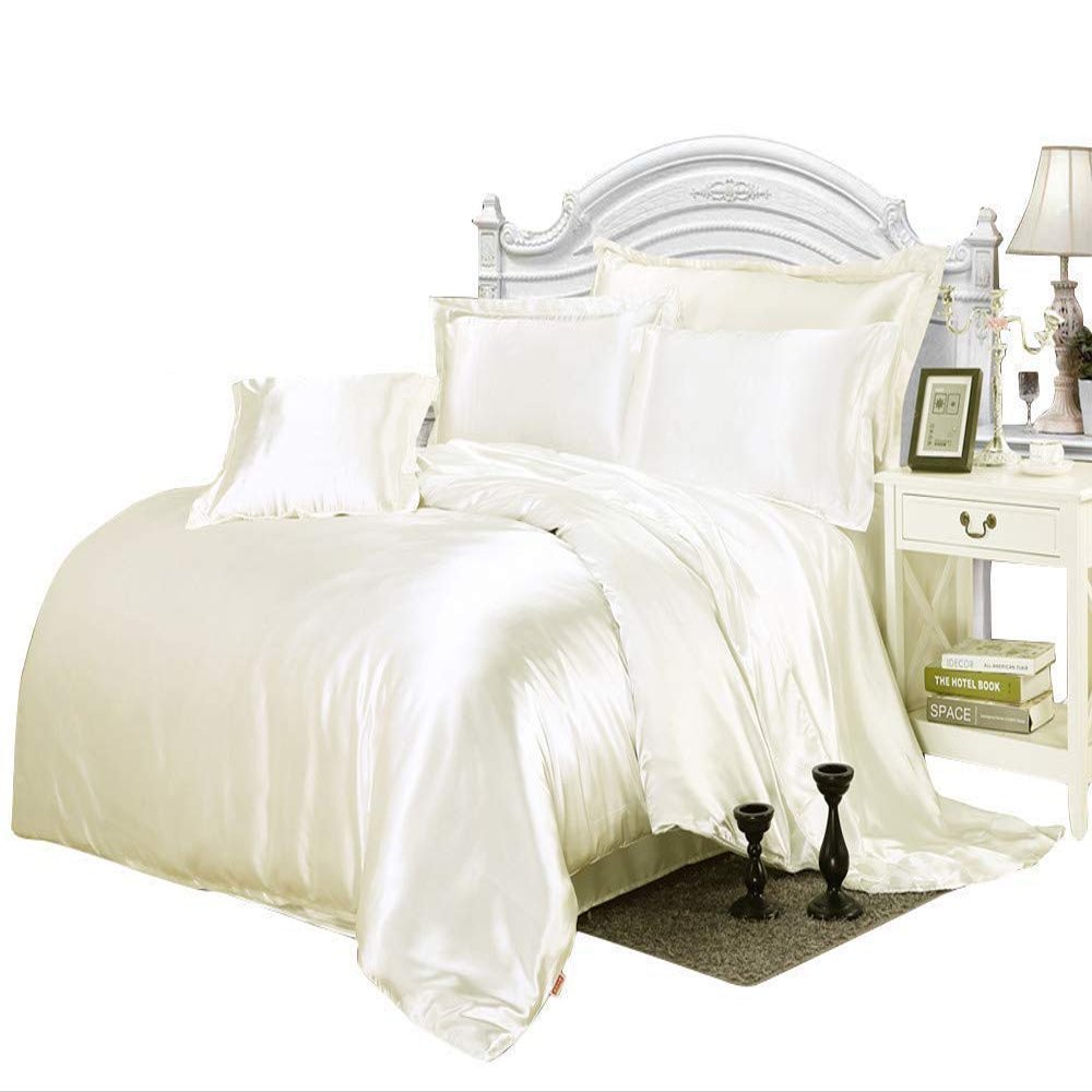 Comfort Bed Store Luxurious Soft Satin 5 Piece (1 Flat Sheet + 1 Fitted Sheet + 1 Duvet Cover + 2 Pillow Cases) Comfortable Bed Sheet Set with 18 inches Deep Pocket, Ivory, Queen