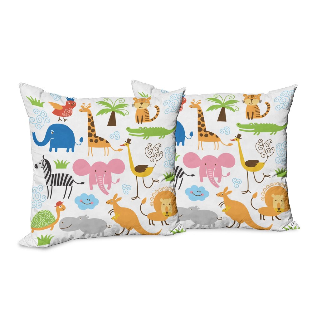 Ambesonne Animal Throw Pillow Cushion Cover Pack of 2, Giraffe Elephant Zebra Turtle Kids Nursery Baby Themed Cartoon Comic Print, Zippered Double-Side Digital Print Decor, 18", White Orange
