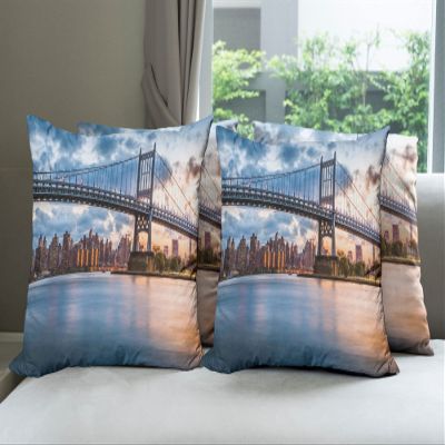 Ambesonne New York City Decorative Throw Pillow Case Pack of 4, Kennedy Triboro Bridge in Queens New York Manhattan River Scenery, Cushion Cover for Couch Living Room Car, 16", Orange Peach