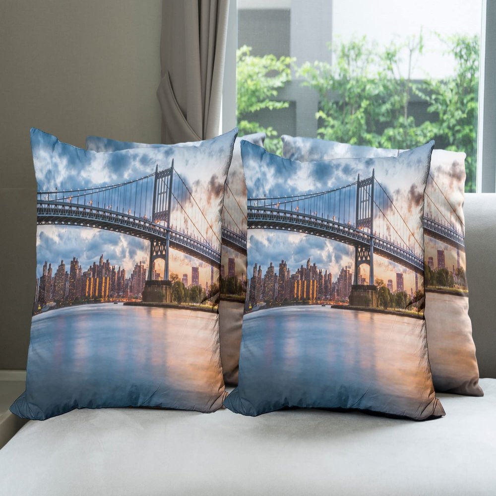 Ambesonne New York City Decorative Throw Pillow Case Pack of 4, Kennedy Triboro Bridge in Queens New York Manhattan River Scenery, Cushion Cover for Couch Living Room Car, 16", Orange Peach