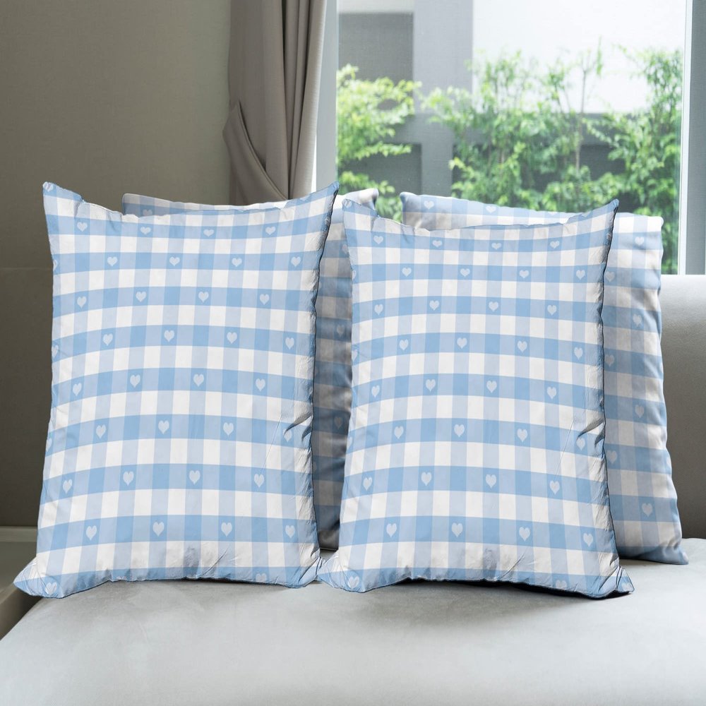 Ambesonne Checkered Decorative Throw Pillow Case Pack of 4, Gingham Motif with Little Hearts Pastel Blue Shower Theme, Cushion Cover for Couch Living Room Car, 16", Pale Blue White