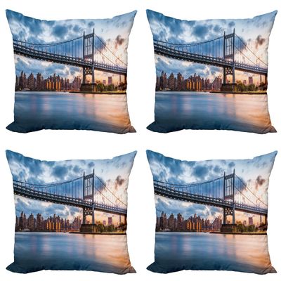 Ambesonne New York City Decorative Throw Pillow Case Pack of 4, Kennedy Triboro Bridge in Queens New York Manhattan River Scenery, Cushion Cover for Couch Living Room Car, 24", Orange Peach