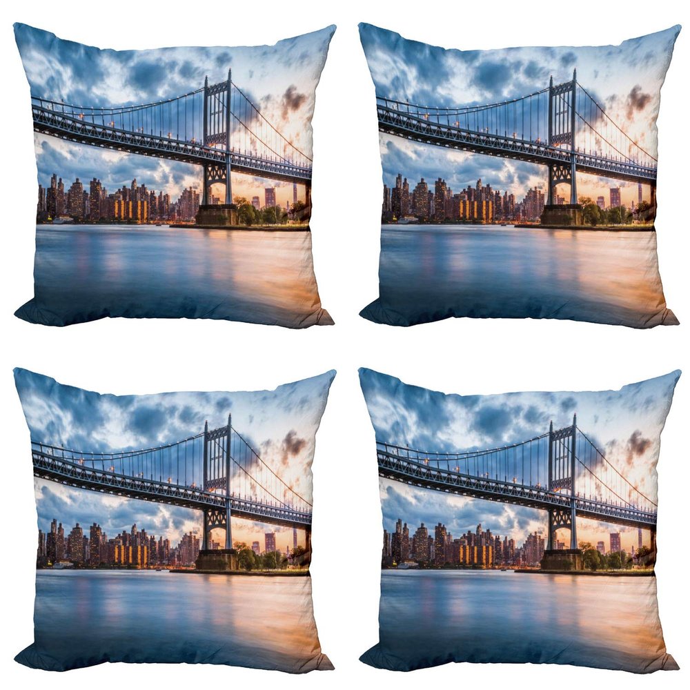Ambesonne New York City Decorative Throw Pillow Case Pack of 4, Kennedy Triboro Bridge in Queens New York Manhattan River Scenery, Cushion Cover for Couch Living Room Car, 24", Orange Peach