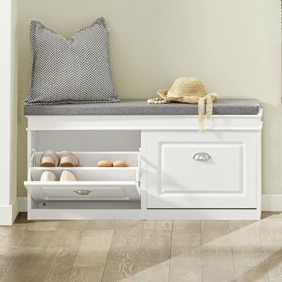 Haotian Shoe Storage Bench Entryway, Shoe Cabinet Bench with 2 Flip Drawers & Cushion, Modern Design Shoe Organizer for Hallway, White FSR64-W