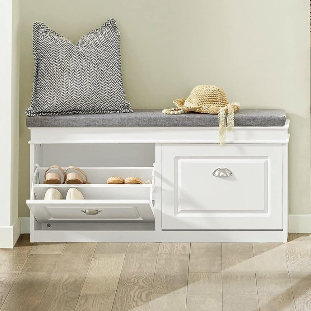 Haotian Shoe Storage Bench Entryway, Shoe Cabinet Bench with 2 Flip Drawers & Cushion, Modern Design Shoe Organizer for Hallway, White FSR64-W