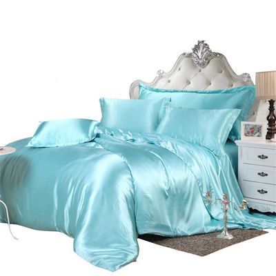 Comfort Bed Store Luxurious Soft Satin 5 Piece (1 Flat Sheet + 1 Fitted Sheet + 1 Duvet Cover + 2 Pillow Cases) Comfortable Bed Sheet Set with 19 inches Deep Pocket, Sky Blue, Queen