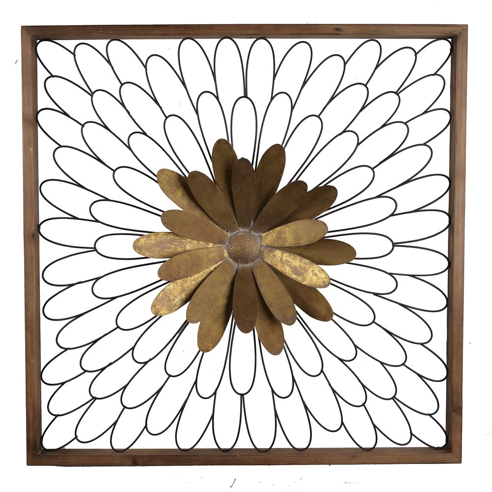 Benjara Metal Wall Decor with Wooden Frame and Leafy Flower, Bronze