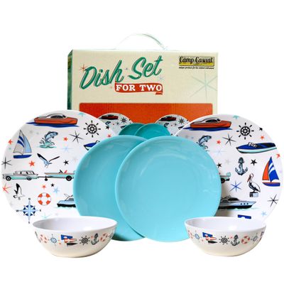 Melamine Dinnerware Sets - 6-pc Marine Dish Set - 2 Bowls, 2 Salad & 2 Dinner Melamine Plates for Indoor & Outdoor - BPA Free, Dishwasher Safe, Shatter-Res Dinnerware Set - Camping Dishes, Camp Casual