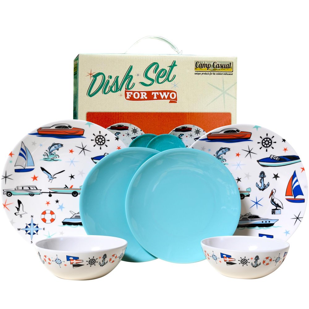 Melamine Dinnerware Sets - 6-pc Marine Dish Set - 2 Bowls, 2 Salad & 2 Dinner Melamine Plates for Indoor & Outdoor - BPA Free, Dishwasher Safe, Shatter-Res Dinnerware Set - Camping Dishes, Camp Casual