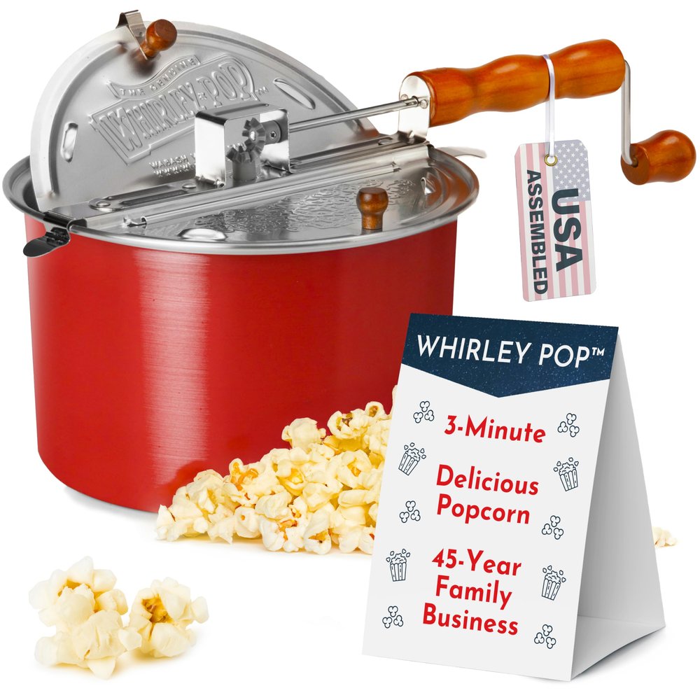 Original Whirley Pop Popcorn Machine  3-Minute Stovetop Popcorn Maker, Home Movie Night, Movie Snacks, Game Night Snacks  Wabash Valley Farms  Aluminum Pot With Metal Gears  (Red)