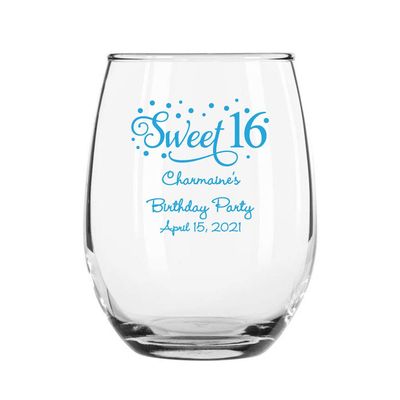 72 Pack Sweet Sixteen Stars Blue Stemless 9 oz Wine Glass