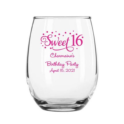24 Pack Sweet Sixteen Stars Fuchsia Stemless 9 oz Wine Glass