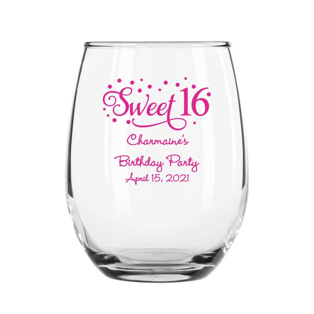 24 Pack Sweet Sixteen Stars Fuchsia Stemless 9 oz Wine Glass