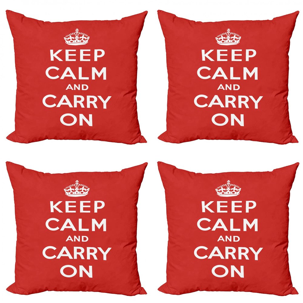 Ambesonne Keep Calm Decorative Throw Pillow Case Pack of 4, Bicolour Composition Carry on Text Royal UK Crown Calligraphic Image, Cushion Cover for Couch Living Room Car, 24", Red White
