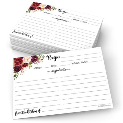321Done Recipe Cards - Set of 50 Large Double-Sided Thick 4x6 Floral Recipe Cards, White Watercolor Design for Bridal Shower & Wedding Gift, Made in USA