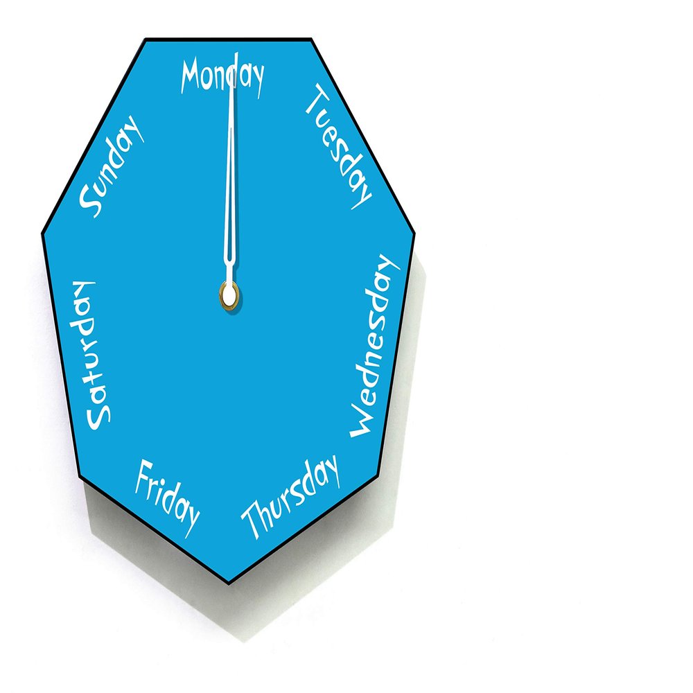 Day of The Week Clock - Heptagon Blue Wall Clock - Days Countdown Clock - Fun Clock Gift- Optional RGB LED 5V Backlit