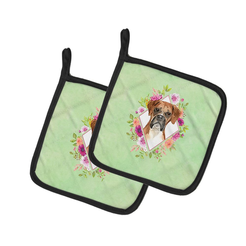 Caroline's Treasures CK4415PTHD Boxer Green Flowers Pair of Pot Holders Kitchen Heat Resistant Pot Holders Sets Oven Hot Pads for Cooking Baking BBQ, 7 1/2 x 7 1/2