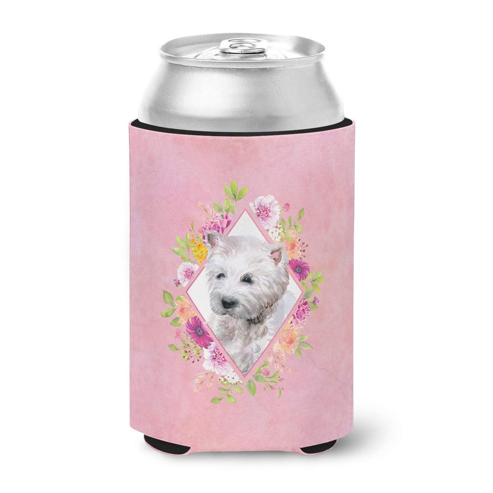 Caroline's Treasures CK4193CC West Highland White Terrier Pink Flowers Can or Bottle Hugger Cooler Washable Drink Sleeve Collapsible Beverage Insulated Holder, Can Hugger, Multicolor