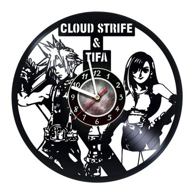 Wall Clock Compatible with Cloud Strife & Yuna Made of Vinyl Record - Decor Original Design - Birthday, Wedding, Anniversary, Women, Men, Friends, Girlfriend Boyfriend and Teens