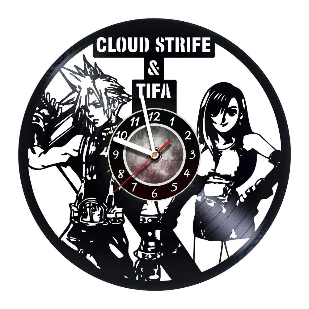 Wall Clock Compatible with Cloud Strife & Yuna Made of Vinyl Record - Decor Original Design - Birthday, Wedding, Anniversary, Women, Men, Friends, Girlfriend Boyfriend and Teens