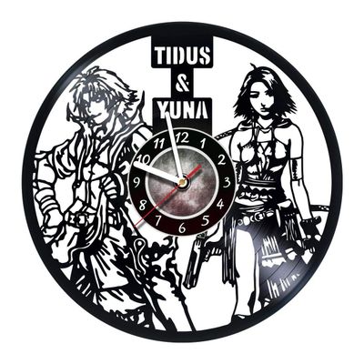 Wall Clock Compatible with Cloud Strife & Yuna Made of Vinyl Record - Decor Original Design - Birthday, Wedding, Anniversary, Women, Men, Friends, Girlfriend Boyfriend and Teens