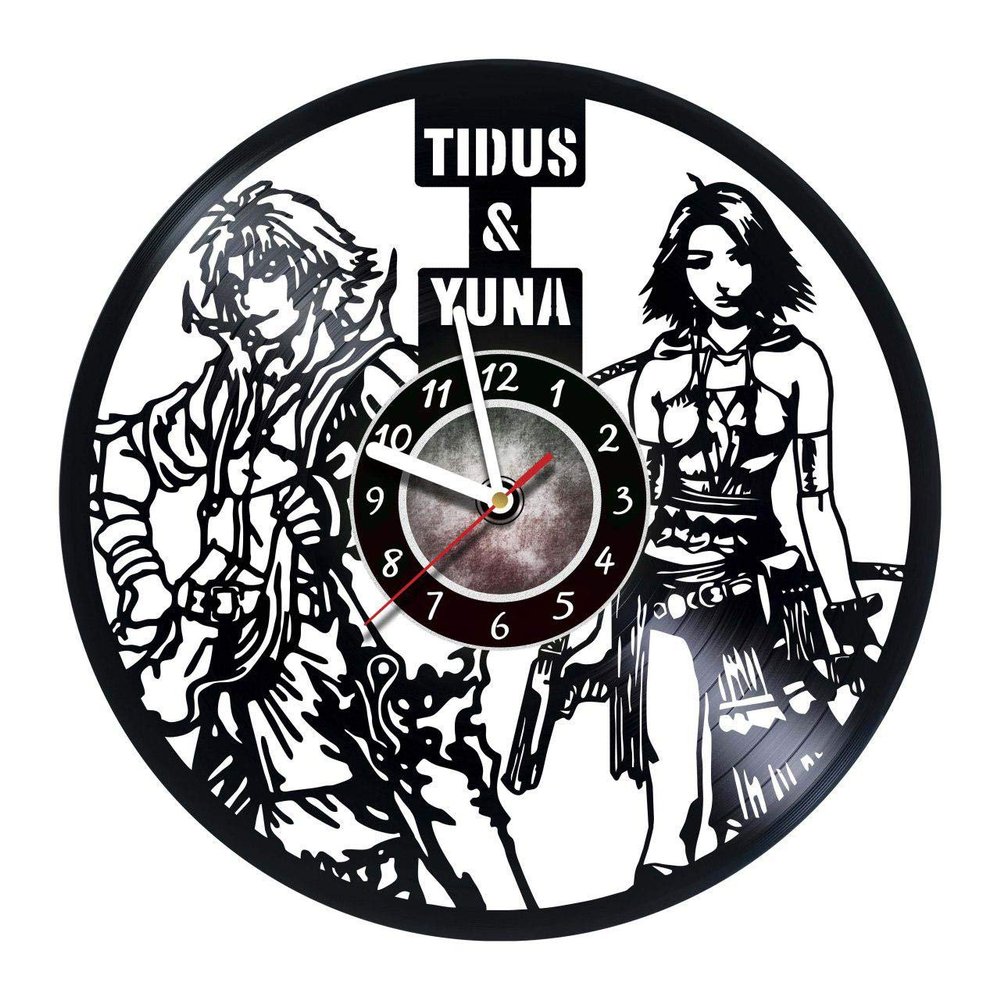 Wall Clock Compatible with Cloud Strife & Yuna Made of Vinyl Record - Decor Original Design - Birthday, Wedding, Anniversary, Women, Men, Friends, Girlfriend Boyfriend and Teens