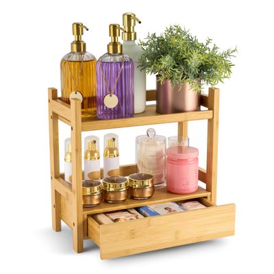 Sorbus Bamboo Bathroom Counter Organizer  2-Tier Shelf with Hidden Drawer for Vanity, Matcha Station, Bathroom Sink Organizer Countertop, Kitchen & Office Storage (13Lx6.5Wx12.6H)