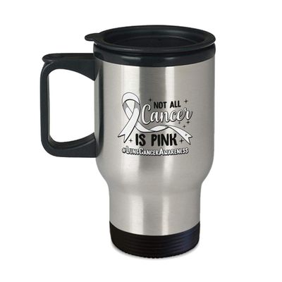 BeeTeeStore Lung Cancer Awareness Travel Mug - Not All Cancer Is Pink Pearl Ribbon Graphic - 14oz Insulated Stainless Steel Coffee Cup for Survivors and Fighters