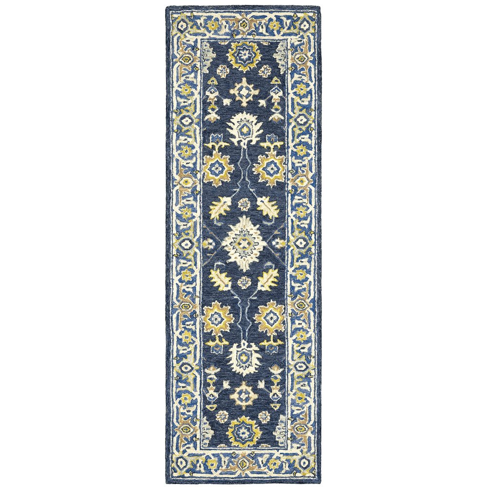 Oriental Weavers Alfresco Hand-Made Wool Area Rug - 28405-2'6" x 8' - in Navy/Blue - Vintage Inspired, Hand-Made Wool Rugs, Entryway, Hallway Runner Rug
