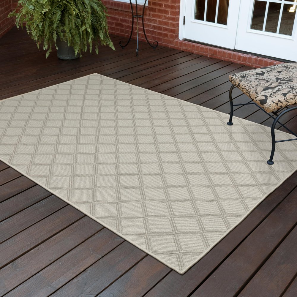 Oriental Weavers Portofino Indoor/Outdoor Rug - 5098W - 6'7" x 9'2" - in Ivory/Grey - Classic Casual Style, Water, Stain and Fade Resistant, Hose Clean, Patio, Outdoor Living Area Rug