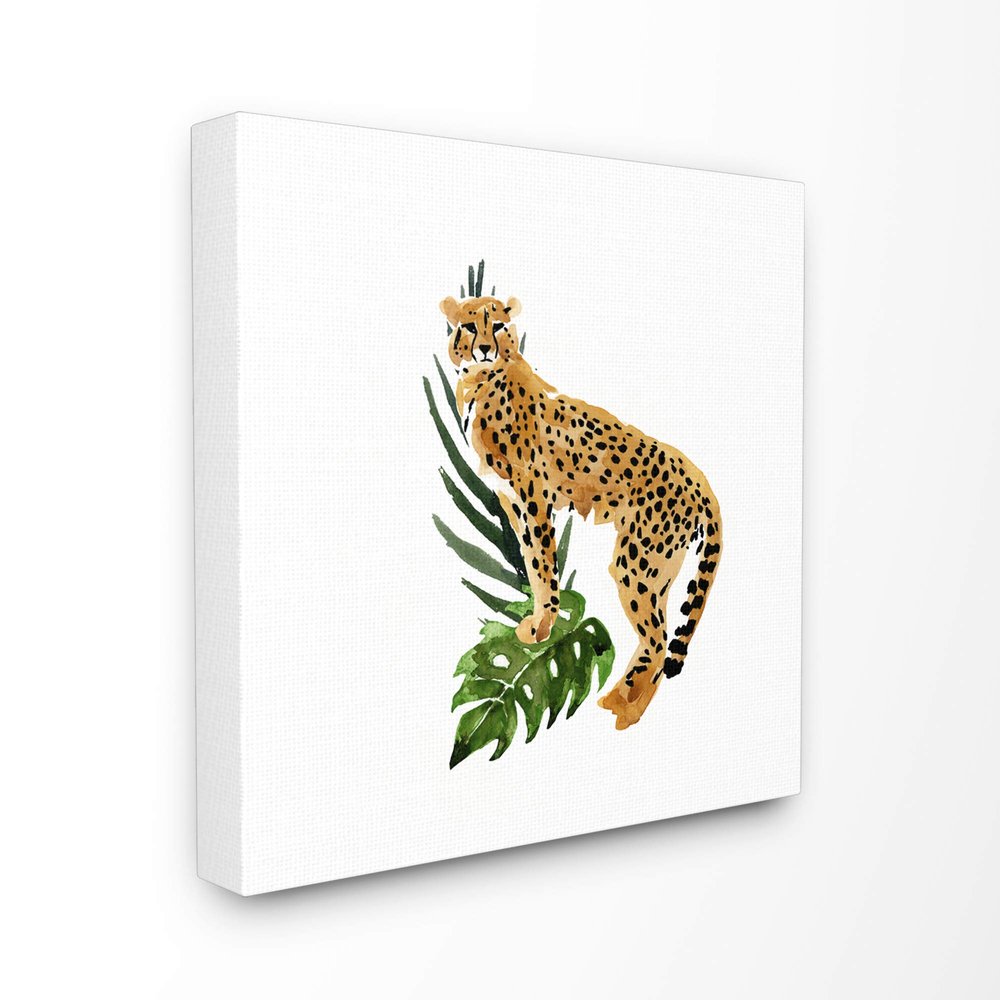 Stupell Industries Cheetah and Leaves Orange Green Animal Watercolor Painting Canvas Wall Art, 17 x 17, Multi-Color