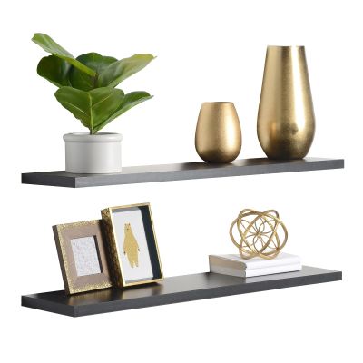 2-Pack Floating Shelves 36" x 8" x 0.5", Black - Reforested Natural Wood Shelves - Thin Floating Shelf Easy Install - Decorations for Bedroom, Bathroom, or Kitchen - Modern Minimalist Aesthetic Decor