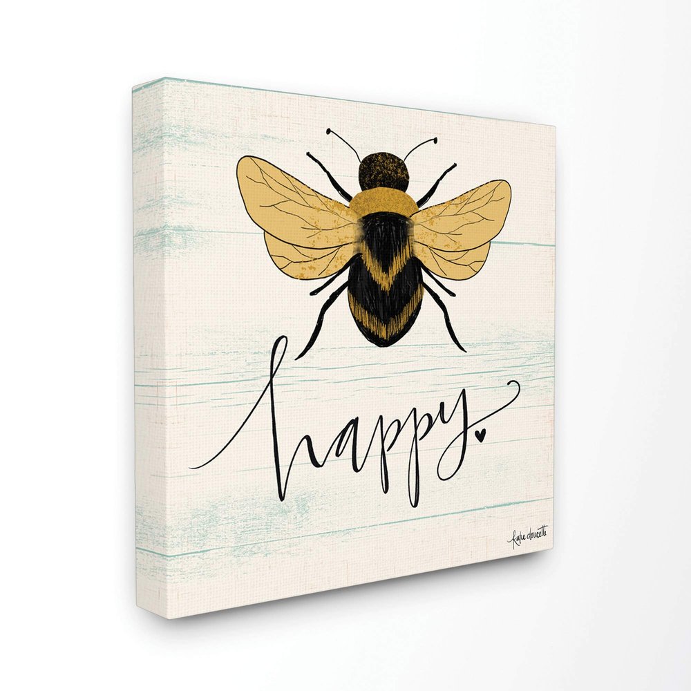 Stupell Industries Bee Happy Yellow Green Family Word Design Canvas Wall Art, Multi-Color