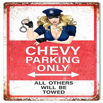 Chevy Parking Only Sign With Pin Up Girl Aged Looking Metal 1218