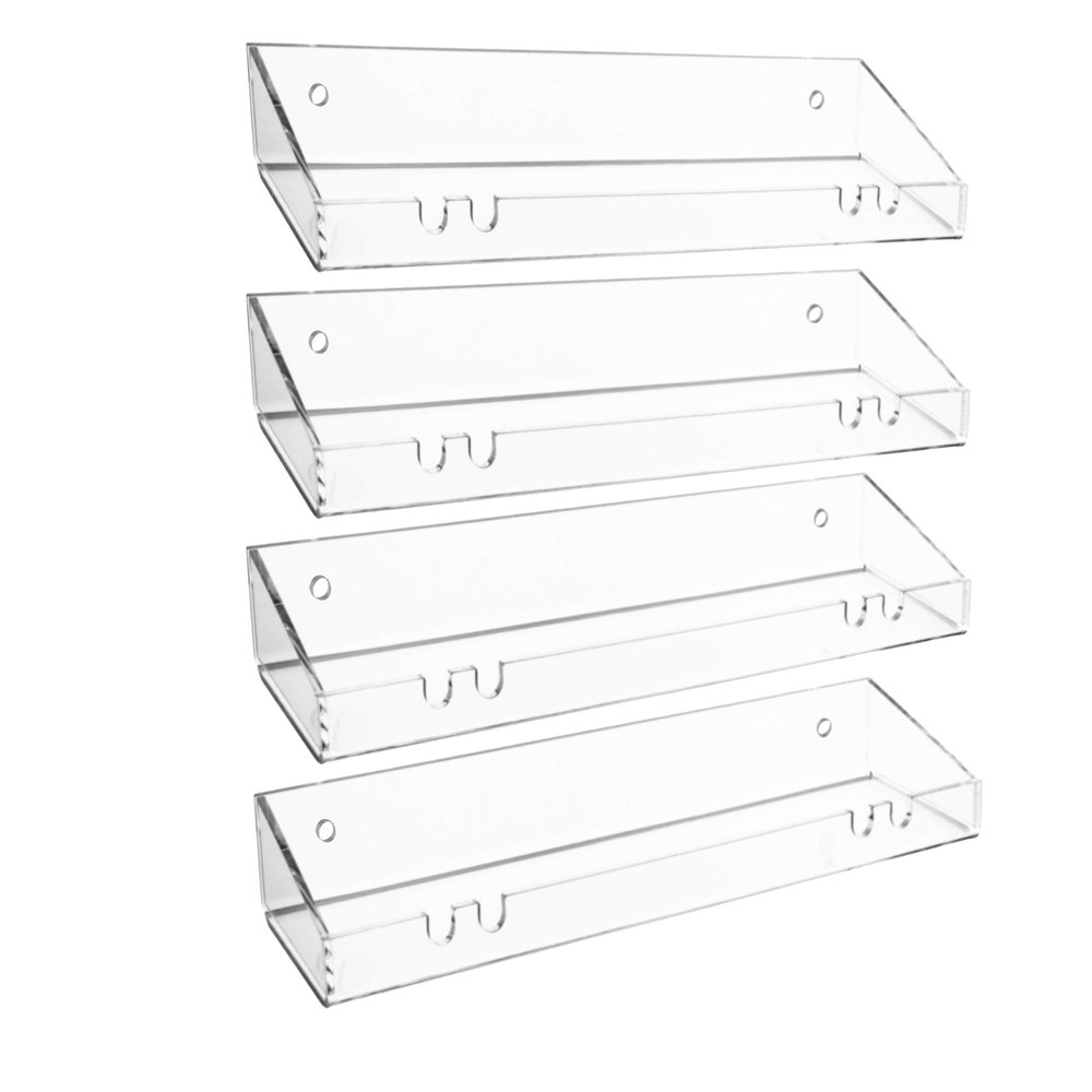 AMT 4 Pack Acrylic Floating Shelves, 15"L x 4.8"W, Clear Bathroom Wall Shelves, Bookshelves, Invisible Shelf For Office, Bedroom, Kitchen, Design with Hanging Slots for Sponge, Free Screws & Drill Bit