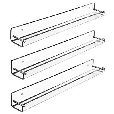 AMT 3 Pack Acrylic Floating Shelves, 15 L x 1.8 W, Clear Bathroom Wall Shelf, Bookshelves, Invisible Display for Office, Bedroom, Small Gap Allows Water to Escape, Free Screws & Drill Bit (Small)