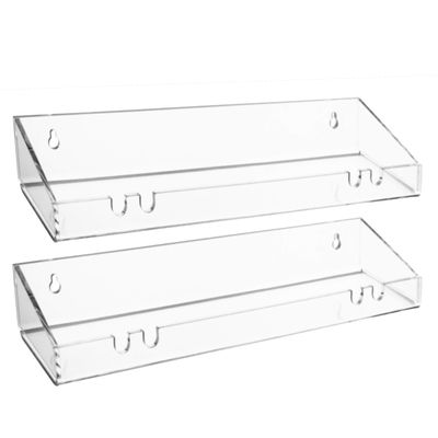 AMT 2 Pack Acrylic Floating Shelves, 15" L x 4" W, Clear Bathroom Wall Shelf, Bookshelves, Invisible Display for Office, Bedroom, Hanging Slots for Bath Sponge & Others Items, Free Screws & Drill Bit