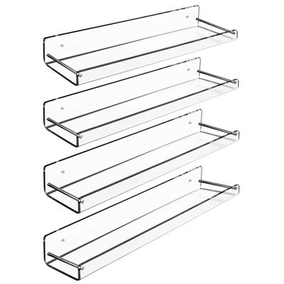 AMT 4 Pack Acrylic Floating Shelves, 15" L x 3.25" W, Clear Bathroom Wall Shelf, Bookshelves, Invisible Display for Office, Bedroom, Small Gap Allows Water to Escape, Free Screws & Drill Bit (Medium)